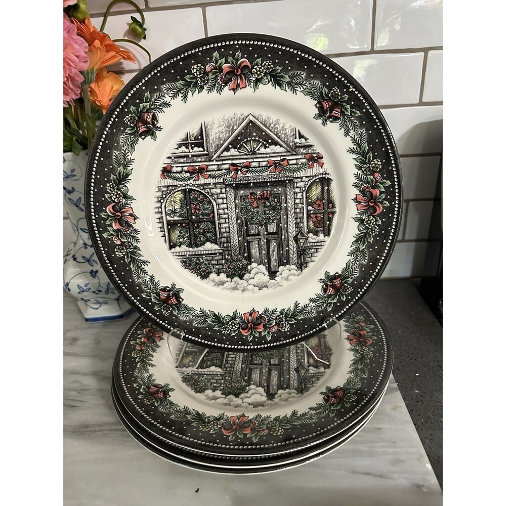 Set of 4 Royal Stafford Home For Christmas Transferware Dinner Plates